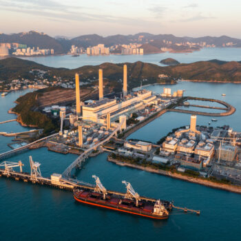 Aerial view of a coal fired power station at sunset in Lamma island of Hong Kong city
