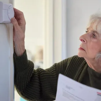 Worried Senior Woman With Bill Turning Down Central Heating Thermostat At Home In Energy Crisis