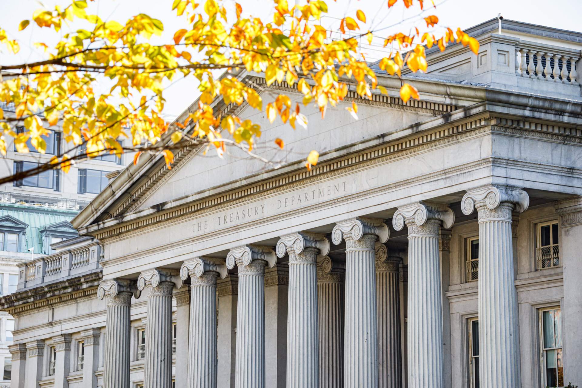 Exterior of the United States Department of Treasury building in downtown Washington, DC