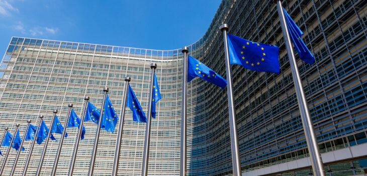 European Union flags in front of the European Commission building in Brussels, Belgium