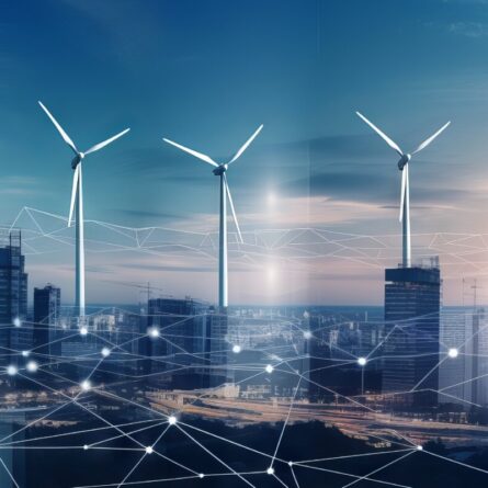 An Eco-Friendly Vision of Urban Innovation: Cityscape Embracing Sustainable Wind Energy Through Connected Lines and Windmills.