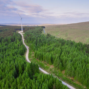 Aerial view on a wind farm turbine build in a rural country area with green forest. Making power using power of nature. Blending technology into nature environment. Cloudy sky. Electricity production