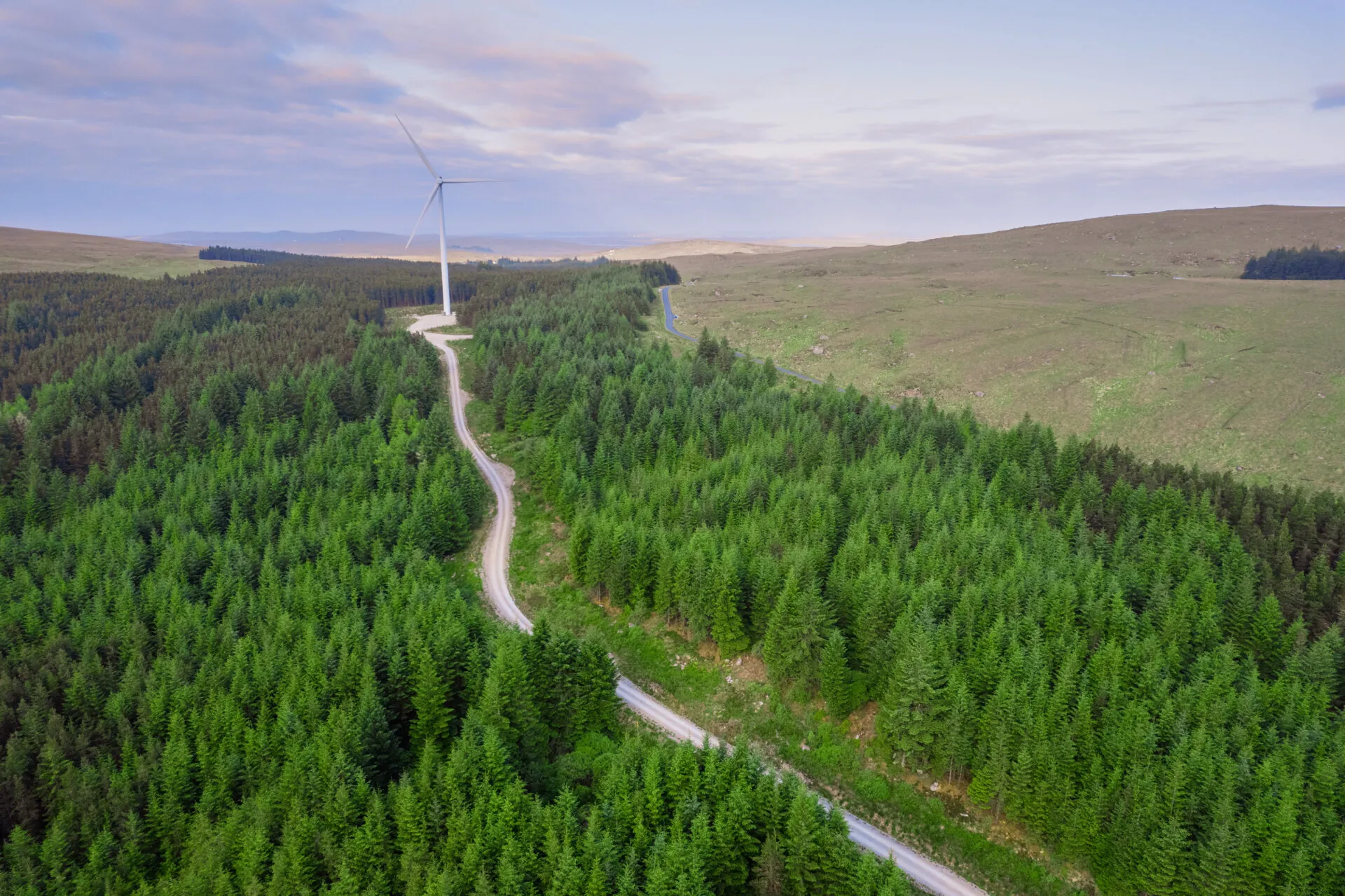 Aerial view on a wind farm turbine build in a rural country area with green forest. Making power using power of nature. Blending technology into nature environment. Cloudy sky. Electricity production