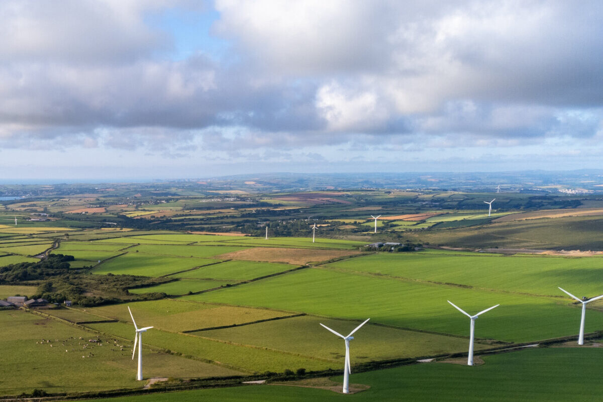 Windmills in the Cornish countryside cornwall uk from the air drone