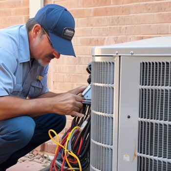 HVAC Worker Performing Heat Pump Maintenance. background, illustration for product presentation template, copy space.