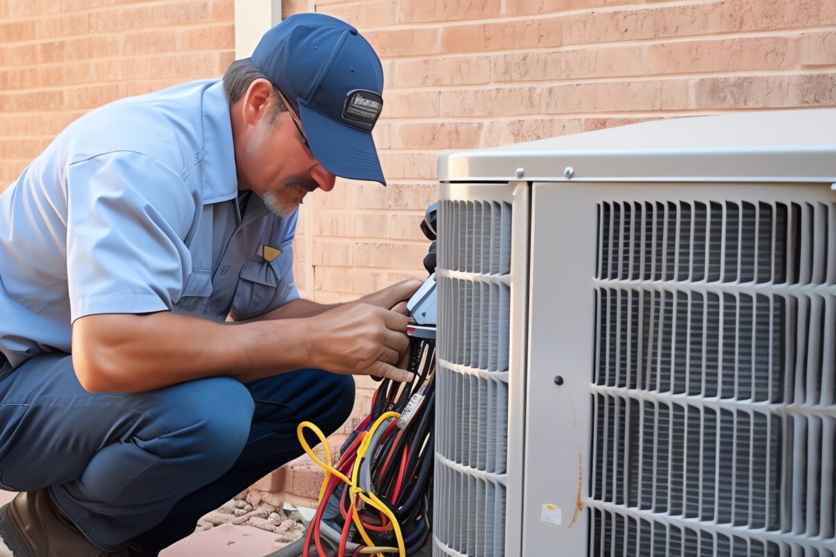 HVAC Worker Performing Heat Pump Maintenance. background, illustration for product presentation template, copy space.