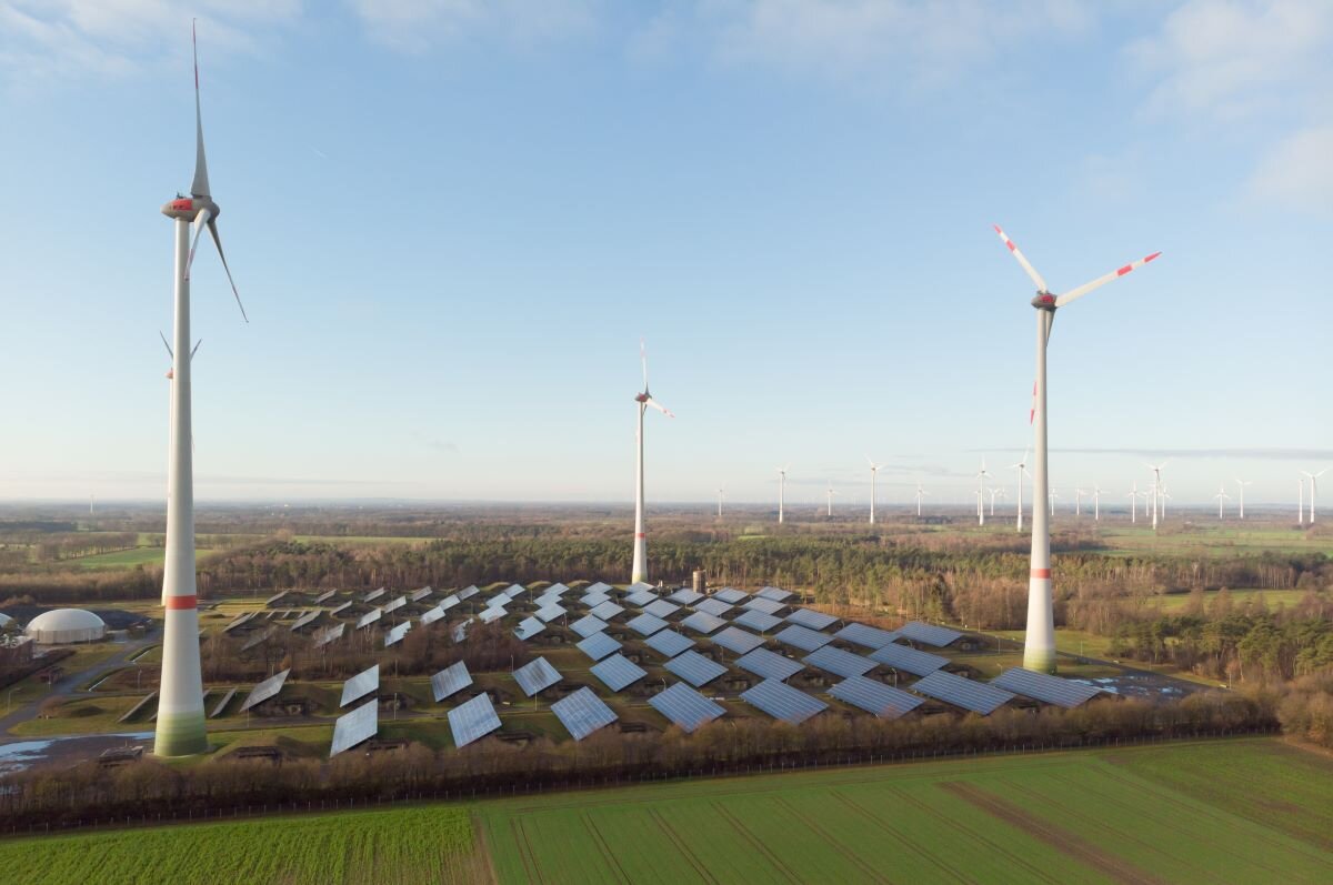 Aerial view, Wind and Solar farm, Saerbeck Germany. Photo by Henrik Dolle via Adobe.