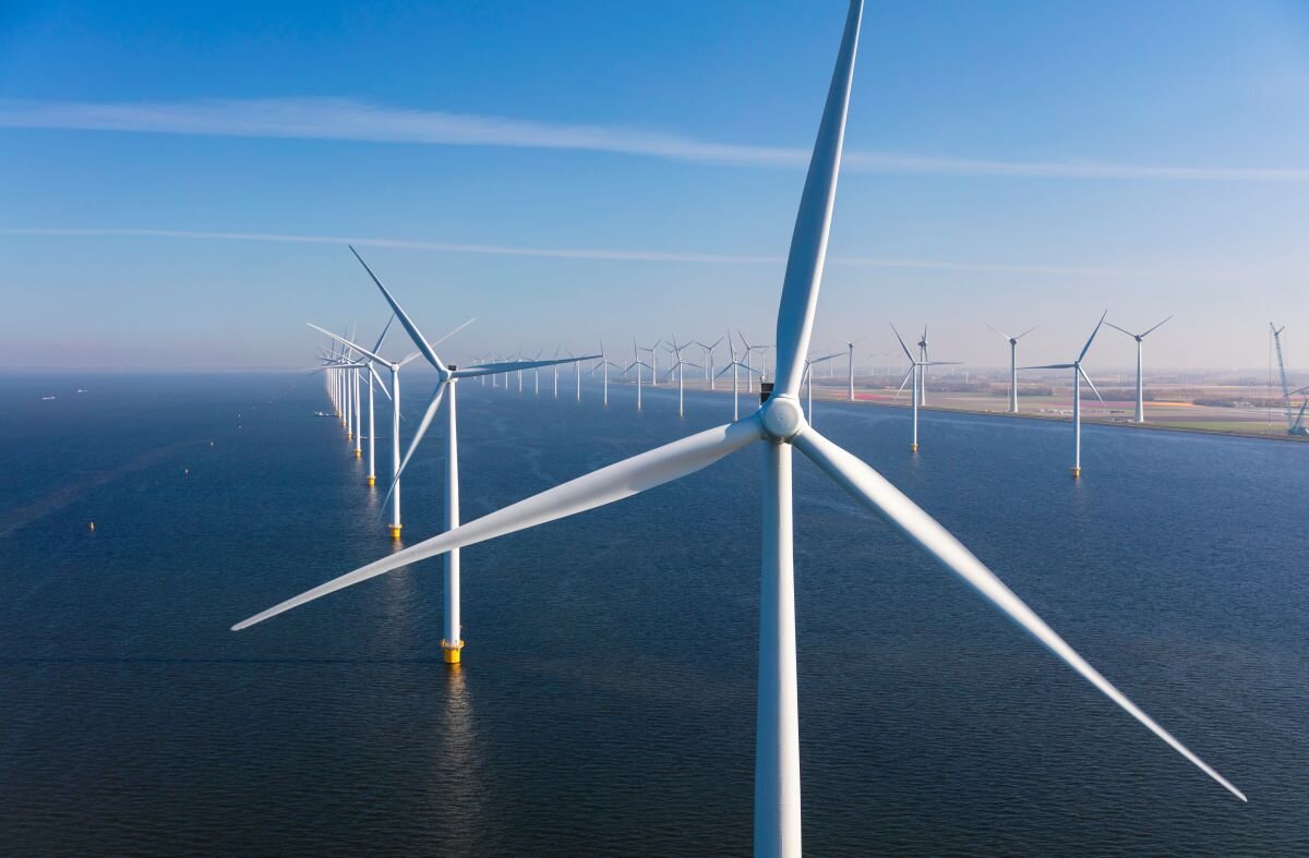 Aerial view of wind turbines in the North Sea. Crowding in private finance is key to the UK's transition and economic future.