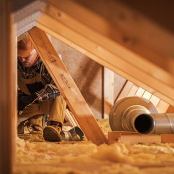 Air ventilation installer working in attic. He is wearing safety equipment and work overalls, and is crouched under wooden beams.