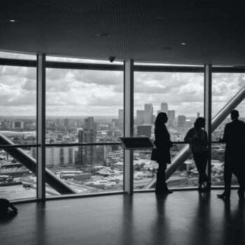 Silhouettes of people in a corporation's office. In the background there are big windows with a view to a city.