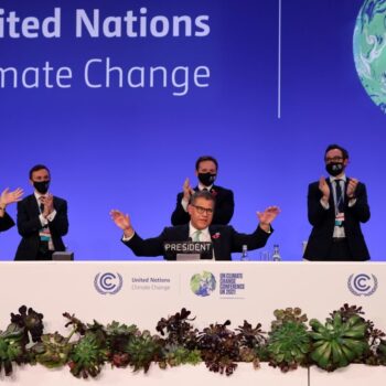 COP President Alok Sharma at the COP26 Climate Change Conference Day 13 at the signing of the Glasgow Climate Pact