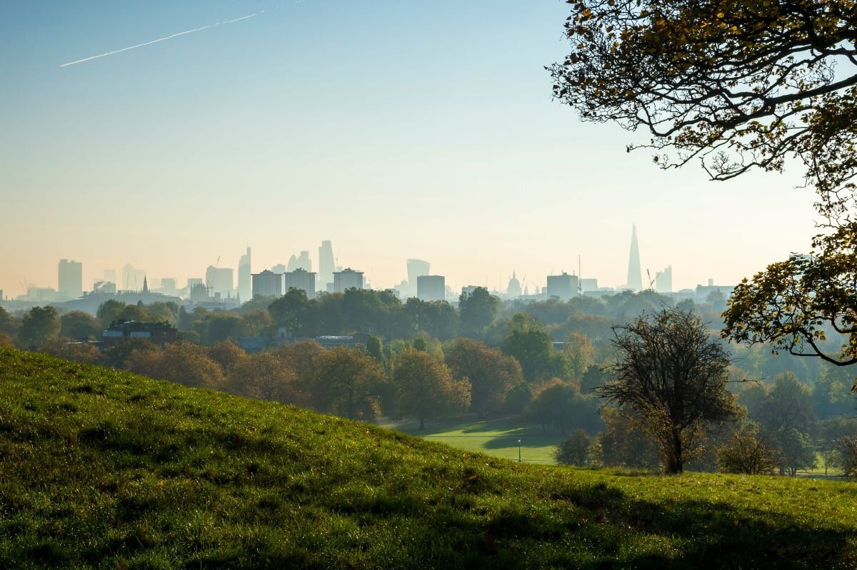 City of London framed in green from the viewpoint of Primrose Hill. Will the government's Green Finance Strategy put the UK on track to net zero?