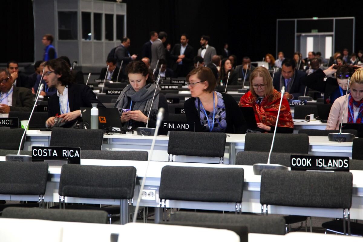 Delegates sit in seats assigned to countries including Costa Rica, Cook Islands and Finland, at the COP closing plenary, COP25, 2019. Photo via UN Climate Change on Flickr.