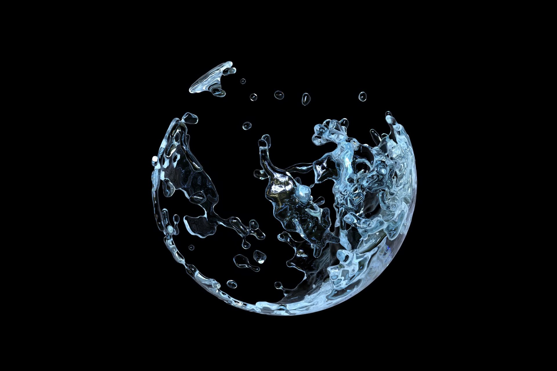 Storm inside a ball of water. A droplet of water shaped like a globe against a black background