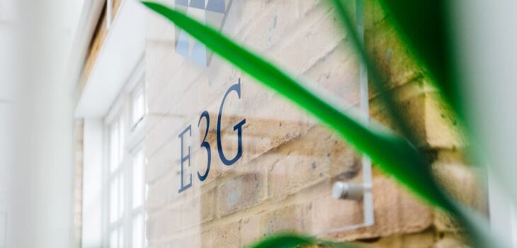 shot of the E3G office showing a brick wall, a plant and the E3G logo mounted on the wall