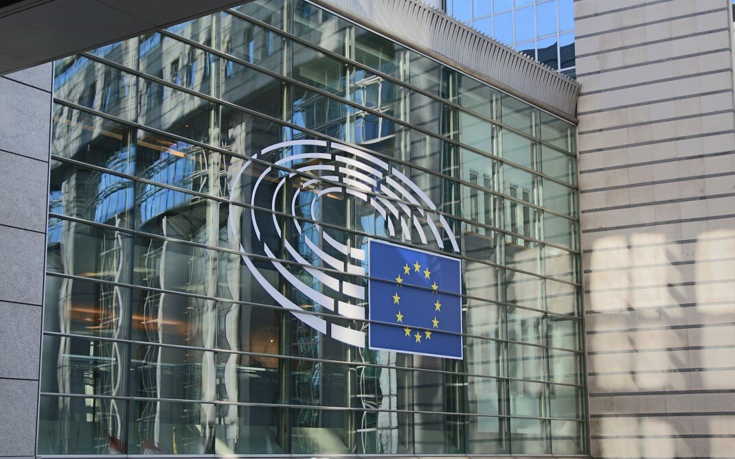 Detail of the facade of the European Parliament 'Paul Henri-Spaak' building in Brussels.