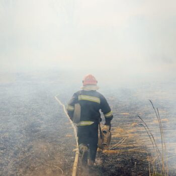 Firefighter in uniform walks out into the smoke with an orange hose, battling a wildfire. firefighters spray water to wildfire. Australia bushfires, The fire is fueled by wind and heat.