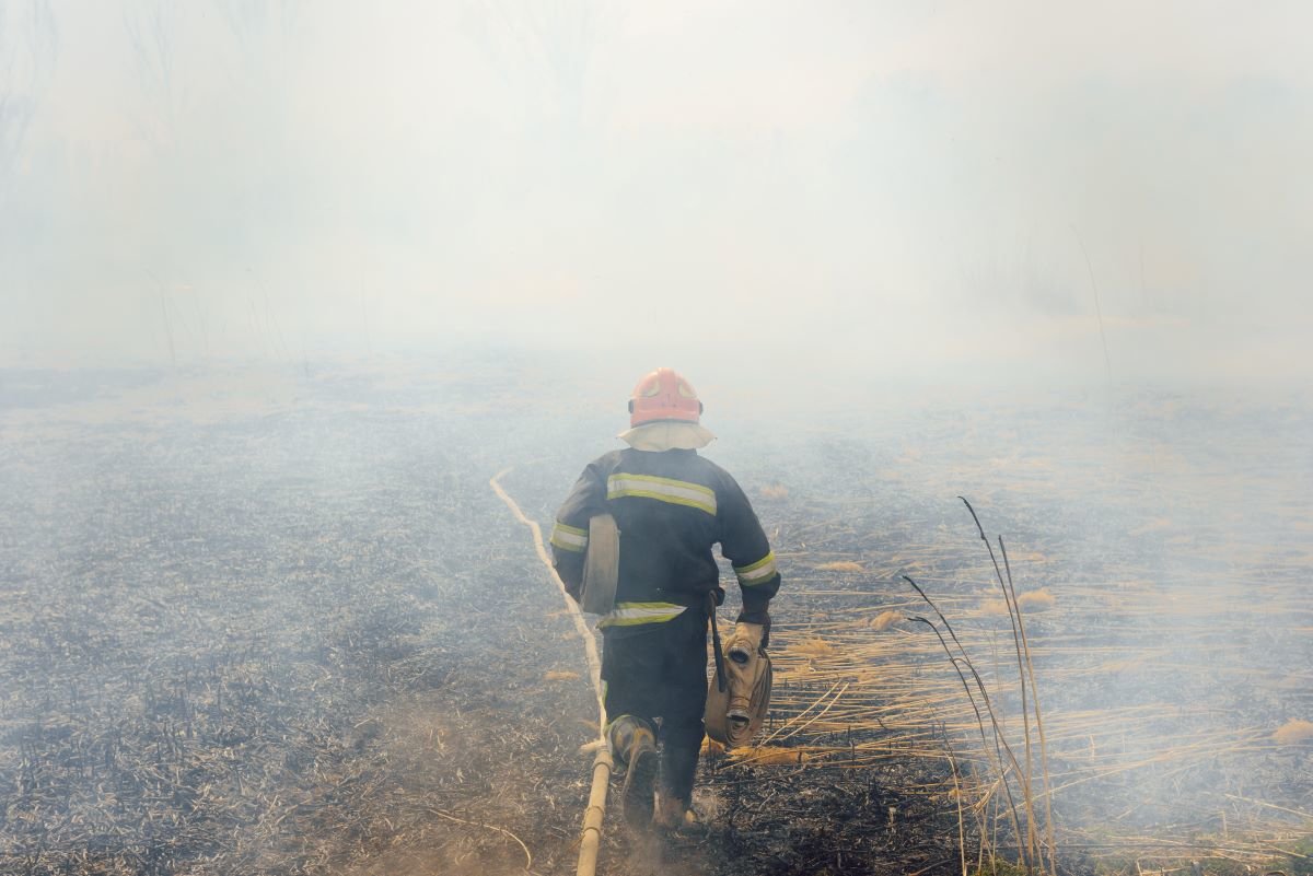 Firefighter in uniform walks out into the smoke with an orange hose, battling a wildfire. firefighters spray water to wildfire. Australia bushfires, The fire is fueled by wind and heat.