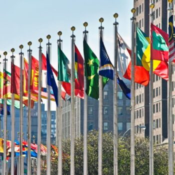 Flags of all nations outside the UN in New York City. To fight climate change, democratic countries must find a way to work with autocratic ones.
