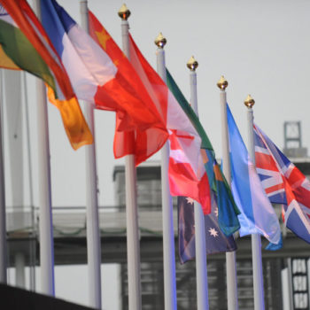 Flags of the G20 flying at the London Summit venue, 2 April 2009.