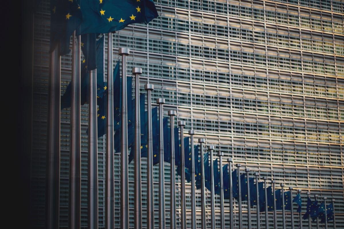 Flags of the member states of the European Union in front of the EU-commission building in Brussels, Belgium