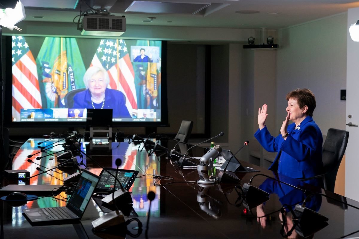 Managing Director Kristalina Georgieva waves to Janet Yellen, Secretary of the Treasury of the United States, before a G7 Finance Minister’s and Central Bank Governor’s virtual meeting from the International Monetary Fund