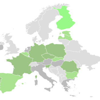 Map of Europe with country colour indicating the percent of green recovery spending