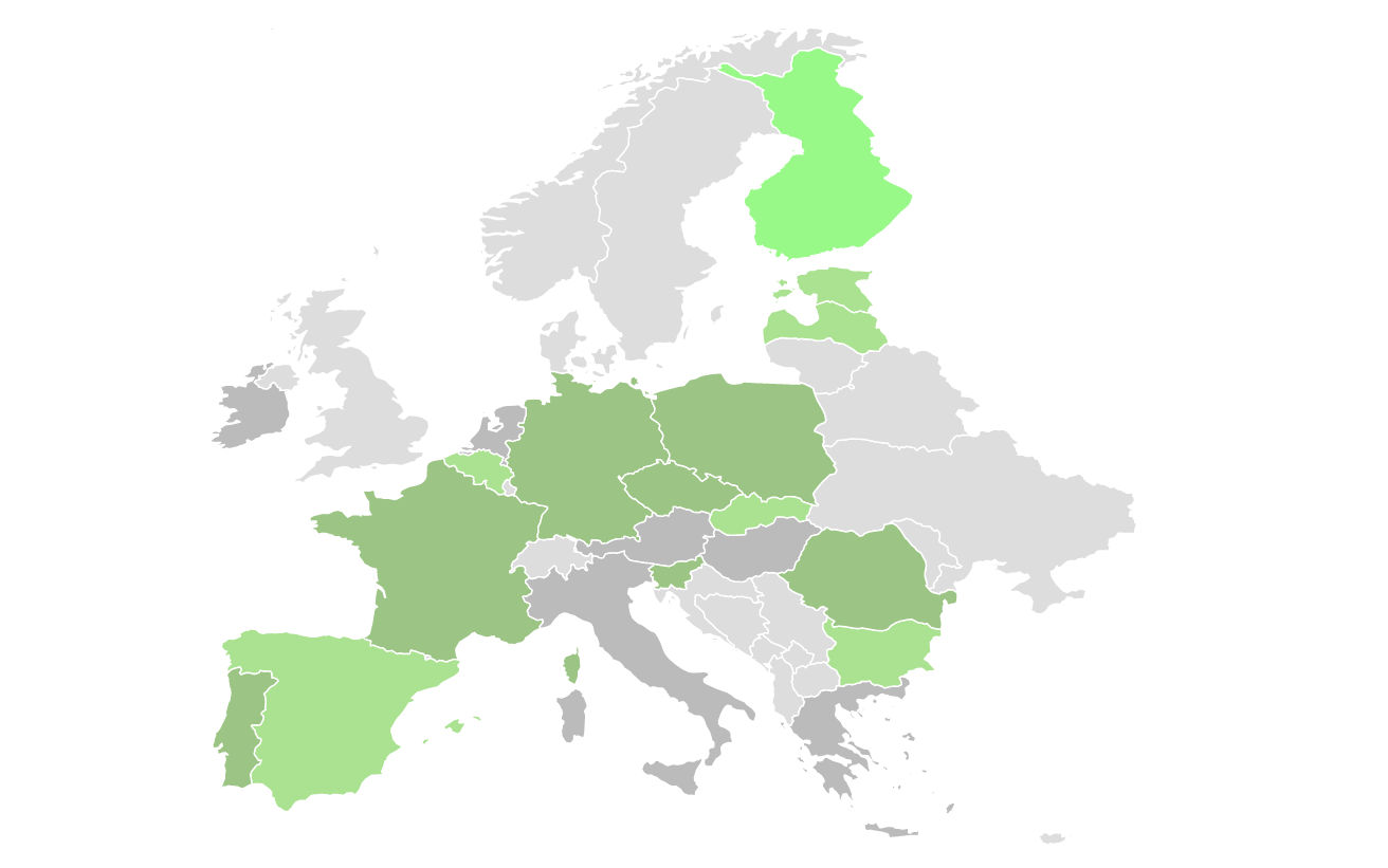 Map of Europe with country colour indicating the percent of green recovery spending