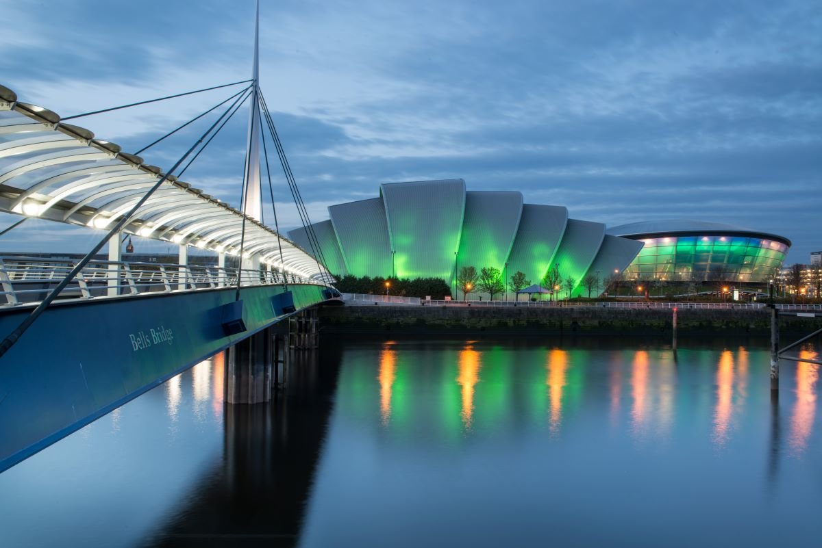 Glasgow lit in green, featuring the SSE Hydro where COP26 will be hosted later in 2021
