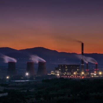 Thermal Power Plant, Golemo Selo, Bulgaria, during the sunset.