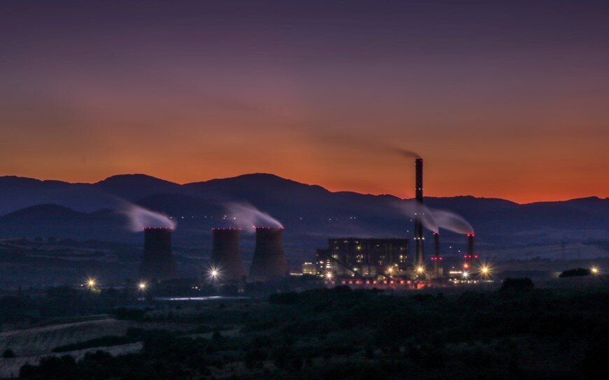 Thermal Power Plant, Golemo Selo, Bulgaria, during the sunset.