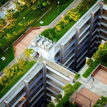 Vue aérienne des bâtiments aux toits verts