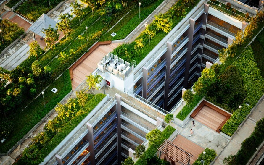 Aerial view of buildings with green roofs