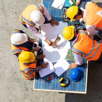 Group of professional engineers meeting to discuss solar photovoltaic panels project.