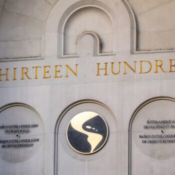 Sign of Inter-American Development Bank headquarters at Washington, D.C., the largest source of development financing for Latin America and the Caribbean.