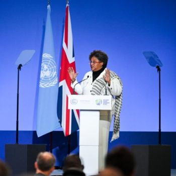 Mia Mottley, Prime Minister of Barbados, speaks at the Opening Ceremony for Cop26 at the SEC, Glasgow. Photograph by Karwai Tang by UK Government on Flickr