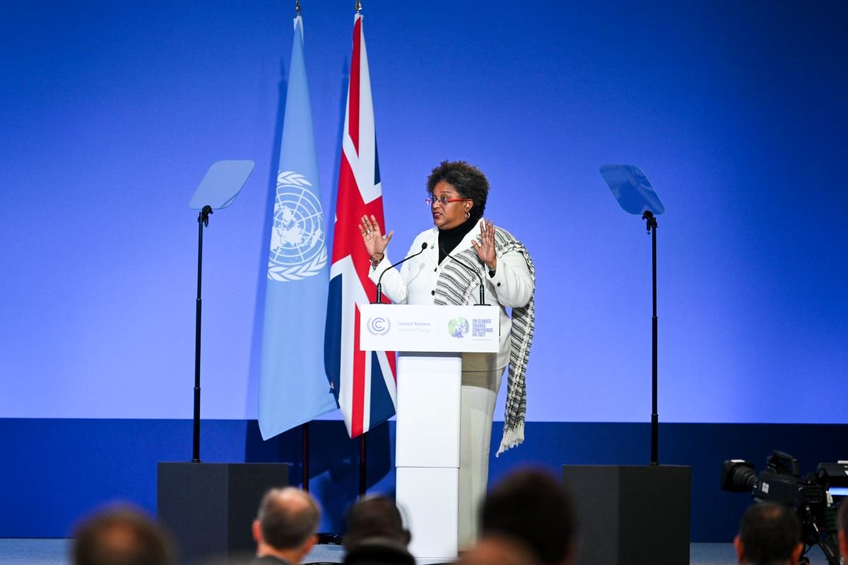 Mia Mottley, Prime Minister of Barbados, speaks at the Opening Ceremony for Cop26 at the SEC, Glasgow. Photograph by Karwai Tang by UK Government on Flickr