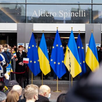 EU and Ukraine flags outside the Altiero Spinelli bulding of the European Parliament in Brussels. Photo by EPP Group via Flickr