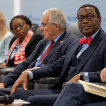Nicholas Stern and Vera Songwe, of COP27 Independent High-Level Expert Group on Climate Finance, alongside President of the African Development Bank Group. Dr. Akinwumi A. Adesina, 9 Nov 2022. Photo by AfDB Group on flickr.