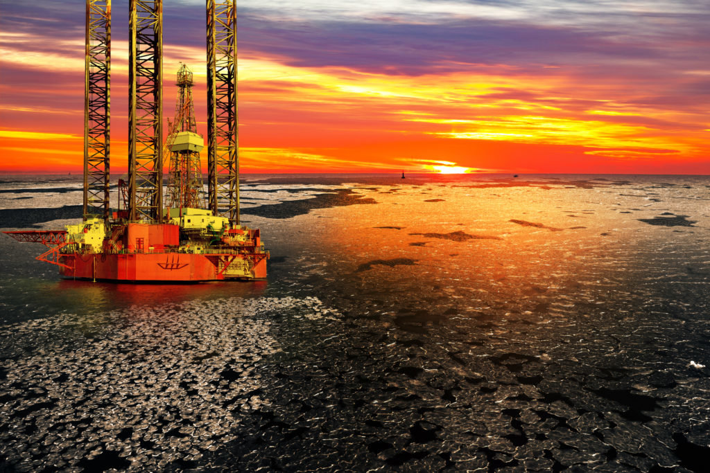 Oil drilling rig at sea in winter