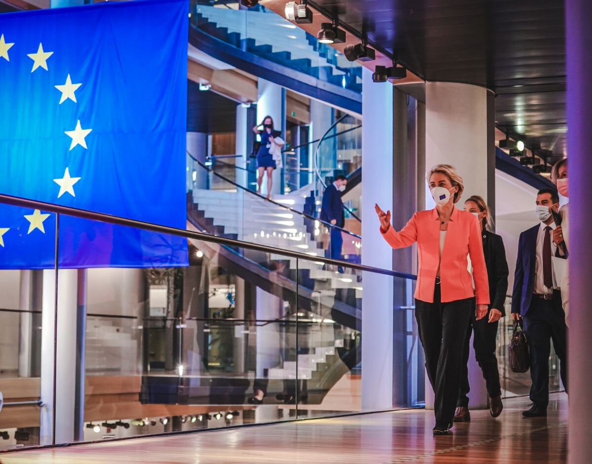 President of the European Commission Ursula von der Leyen walks out to give the State of the European Union address on 15 September 2021 in Strasbourg. Photo by European Parliament on flickr.