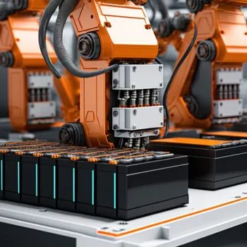 Robot assembly line with electric car battery cells.