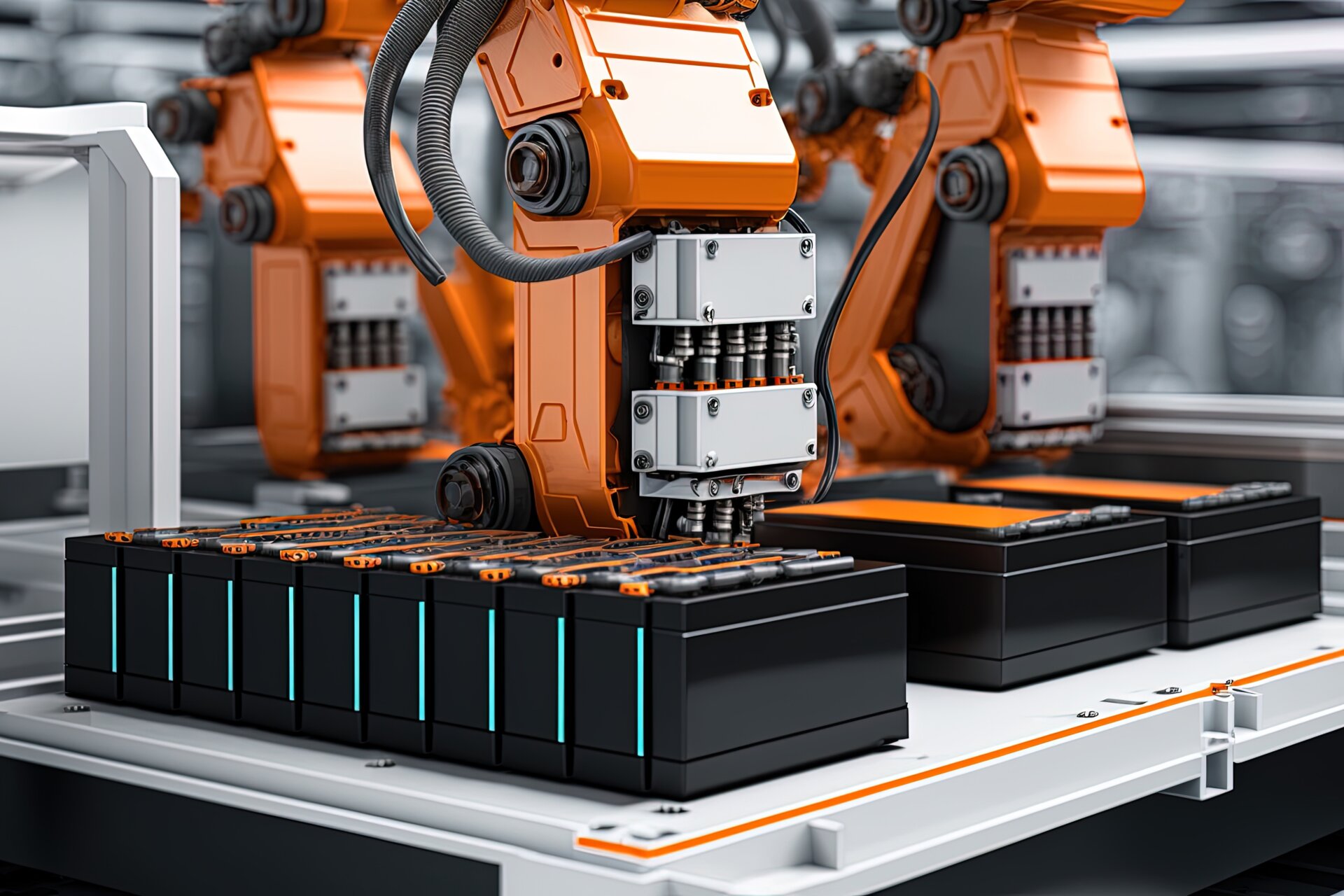 Robot assembly line with electric car battery cells.