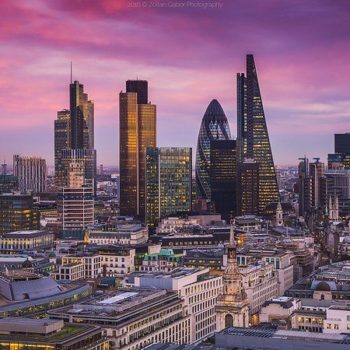 London's banking district at sunset