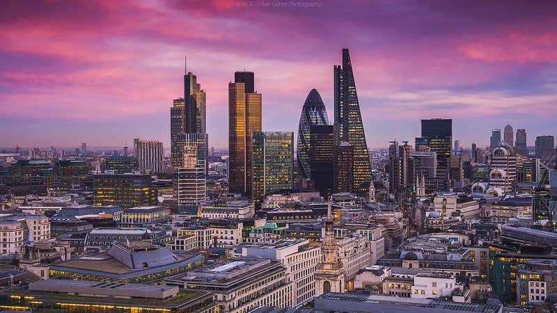 London's banking district at sunset
