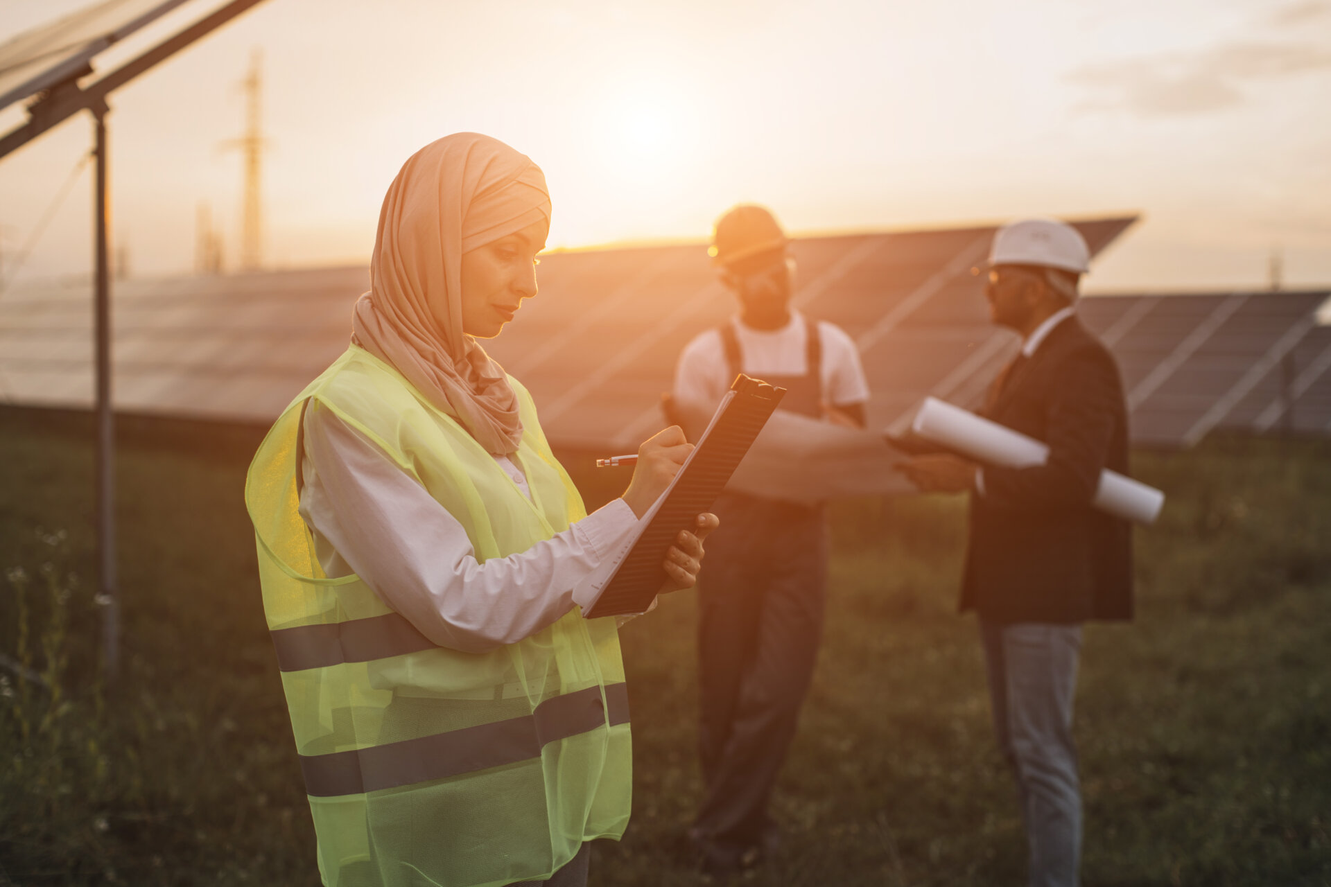 Woman writing on clipboard at solar station