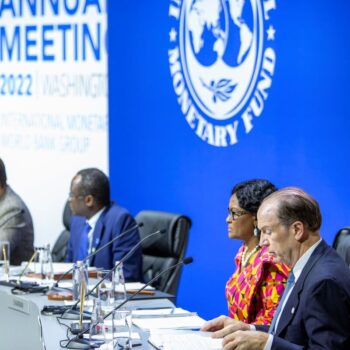 Speakers table at the 2022 World Bank and IMF Annual Meetings plenary session. Photo by Simone D. McCourtie for World Bank on flickr.