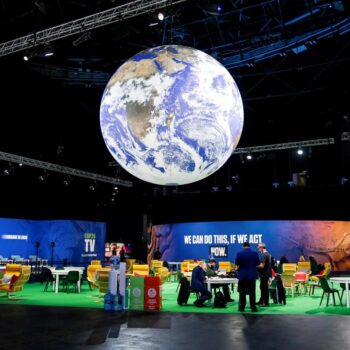 The COP26 Globe at the Hydro for COP26 the summit to build momentum on climate action. Photograph by Karwai Tang, UK Government on Flickr.