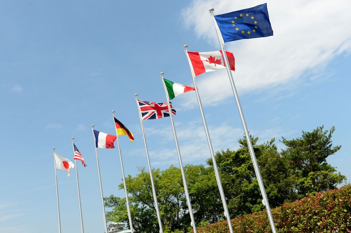 The flags of the G7 nations and the EU in front of Schloss Elmau. Photo by Number 10 on flickr.