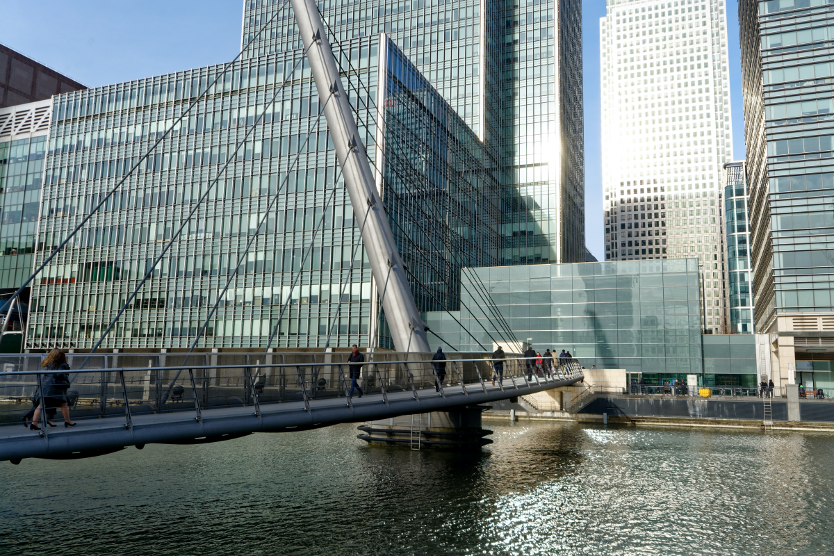 The foot bridge at Canary Wharf in the city of London finance district. Colin Watts on Unsplash